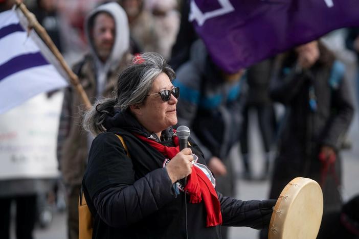 Patty Krawec at a Wet'suwet'en solidarity event at the Canada-U.S. border.