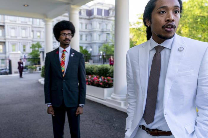 Tennessee Reps. Justin Pearson, D-Memphis, left, and Justin Jones, D-Nashville, speak to reporters outside the West Wing after meeting with President Joe Biden and Vice President Kamala Harris in the Oval Office of the White House in Washington, April 24, 2023.