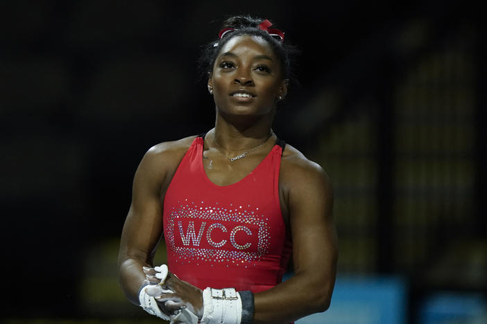 Simone Biles makes her return to competition this weekend at the U.S. Classic. She's seen here in training on Friday in Hoffman Estates, Ill.