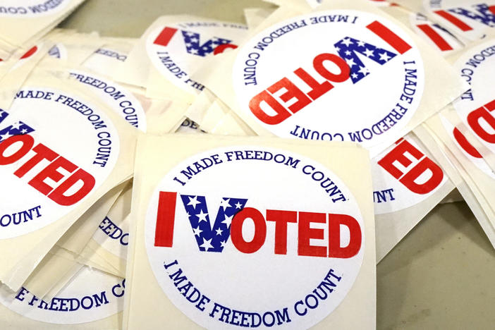 "I Voted" stickers are ready to be distributed to voters on Nov. 8, 2022, at a Brandon, Miss., precinct.
