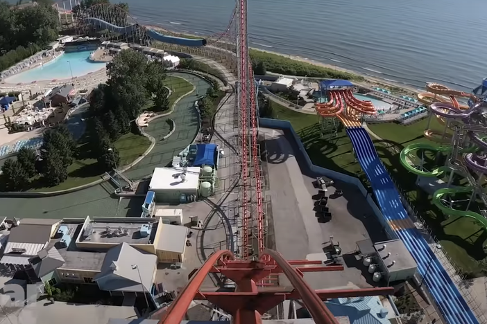 A screenshot from a video by a Cedar Point rider shows the view at the moment the Magnum XL-200 begins a 200-foot plunge. Passengers of the ride were evacuated near this point on Tuesday after the roller coaster faced a mechanical issue.