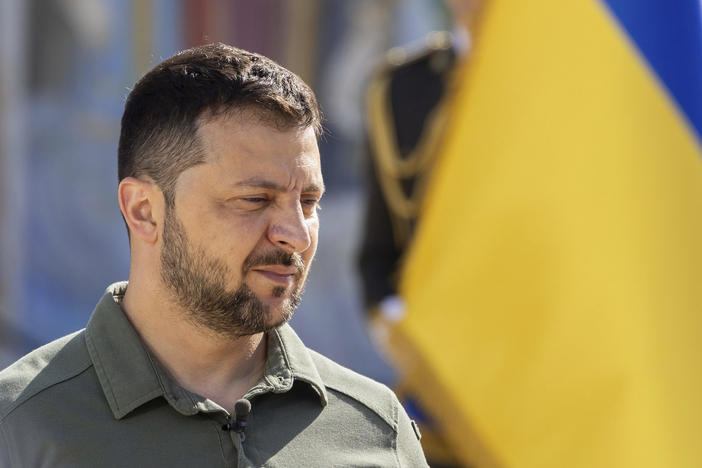 In this photo provided by the Ukrainian Presidential Press Office, Ukrainian President Volodymyr Zelenskyy attends an event for marking Statehood Day in Mykhailivska Square in Kyiv, Friday, July 28, 2023.