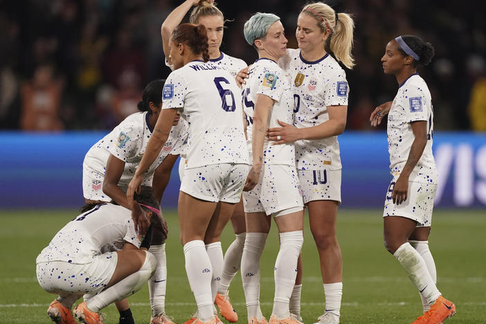 U.S. players react following their loss to Sweden in a penalty shootout during the Women's World Cup round of 16 soccer match in Melbourne, Australia, Sunday, Aug. 6, 2023.