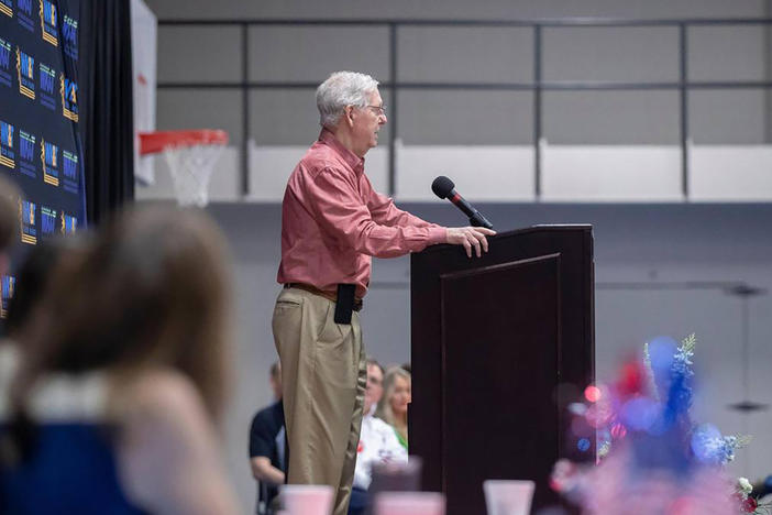 Senate Minority Leader Mitch McConnell speaks at the Graves County Republican Party Breakfast in Mayfield, Ky. on Saturday.