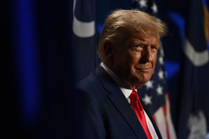 Former President Donald Trump speaking at the 56th Annual Silver Elephant Dinner hosted by the South Carolina Republican Party on Saturday in Columbia, S.C.