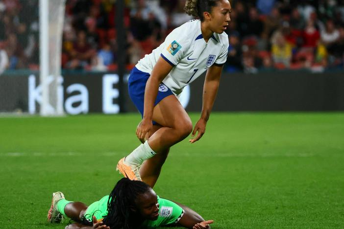 England forward Lauren James steps on Nigeria defender Michelle Alozie during their match in Brisbane, Australia, earning a red card.