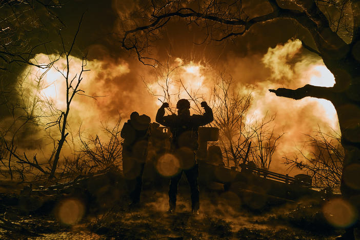 Ukrainian soldiers fire artillery towards Russian positions near the eastern town of Bakhmut in November 2022.