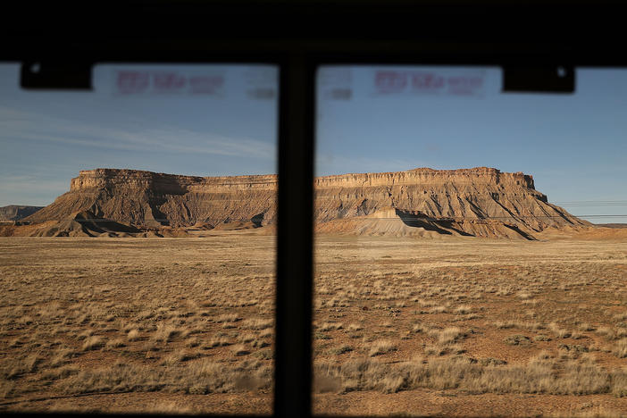 Amtrak's California Zephyr passes a plateau during its 2,438-mile trip to Emeryville/San Francisco from Chicago.