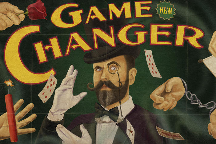 Sam Reich in the poster for <em>Game Changer, </em>a game show he hosts on the streaming platform Dropout.