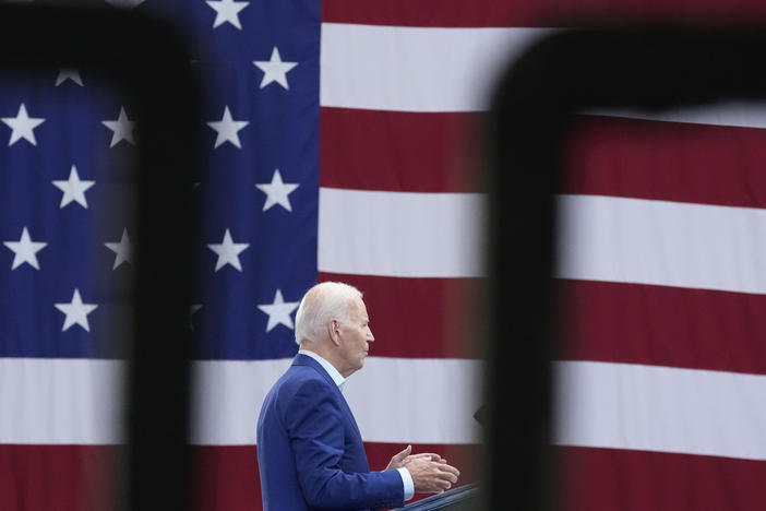 President Biden speaks at the Arcosa Wind Towers in Belen, N.M., on Wednesday.