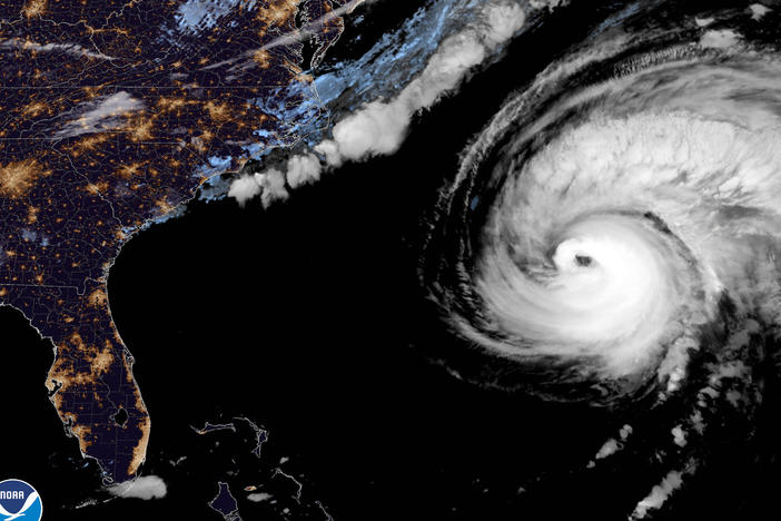 Hurricane Fiona moves up the United States Atlantic coast, Thursday night, Sept. 22, 2022. This image provided by the National Hurricane Center  shows a satellite view as  Hurricane Fiona pounded Bermuda with heavy rains and winds.