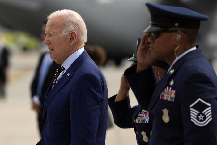 President Joe Biden arrives on Air Force One at Roland R. Wright International Guard Base in Salt Lake City on Wednesday.