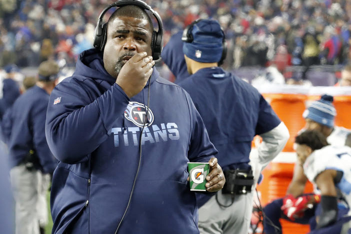 The Tennessee Titans' Mike Vrabel announced Monday that Terrell Williams, their assistant head coach and defensive line assistant, will serve as acting head coach Saturday during the Titans' preseason opener in Chicago. Here, Williams is seen during an AFC Wild Card game against the New England Patriots on Jan. 4, 2020, at Gillette Stadium in Foxborough, Mass.