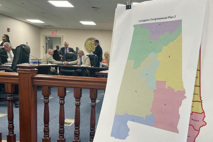 A map of a GOP proposal to redraw Alabama's congressional districts is displayed at the Alabama Statehouse in Montgomery, Ala., during a special session in July.