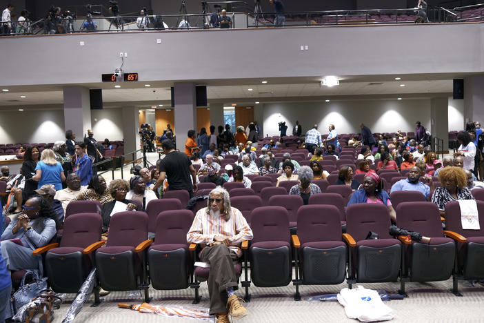 Lawmakers, teachers, school board members and parents gather for a town hall meeting on new Florida curriculum standards for Black history on Thursday in Miami Gardens, Fla.