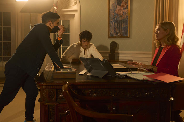 Matthew López (left) on the set of his new movie, <em>Red, White & Royal Blue</em>.