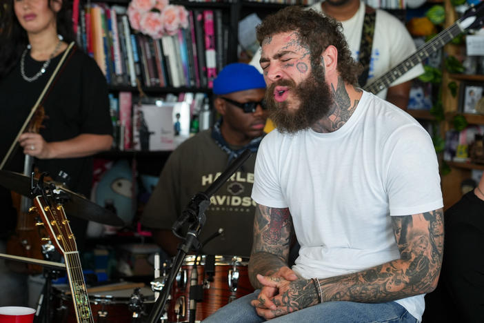 Post Malone performs at the Tiny Desk at NPR's HQ in Washington, DC on July 27, 2023.