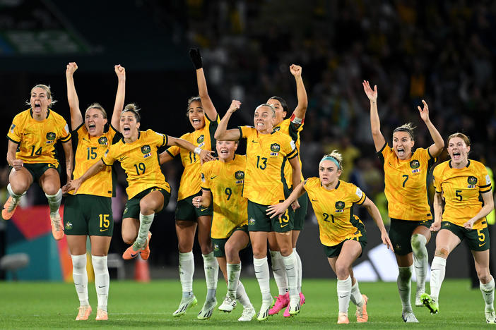 The Matildas celebrate their victory in the epic penalty shoot-out against France.
