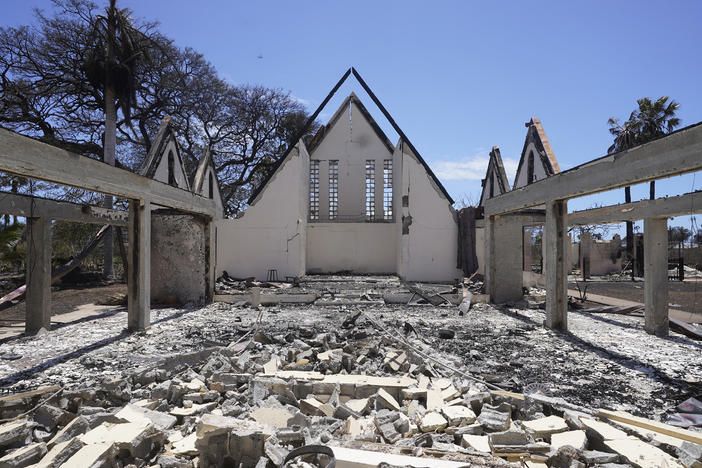 The destroyed Waiola Church is shown following wildfire, Friday, Aug. 11, 2023, in Lahaina.