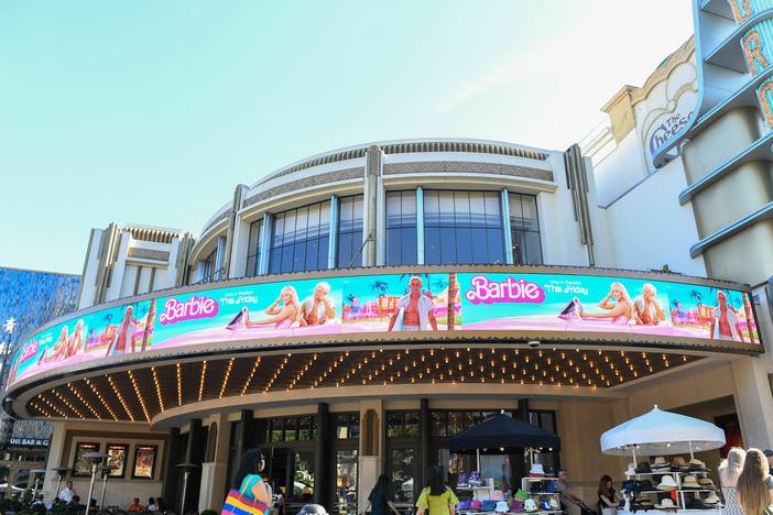 The marquee at The Grove theater in Los Angeles announces the opening of <em>Barbie</em> in July 2023.