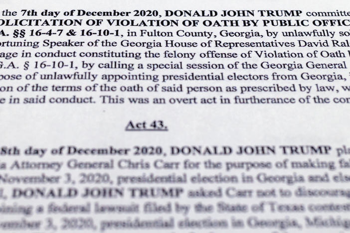 The indictment in Georgia against former President Donald Trump is photographed Monday, Aug. 14, 2023.