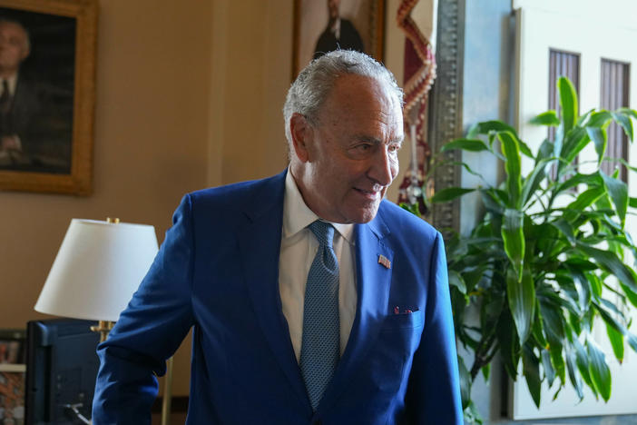 Senate Majority Leader Chuck Schumer speaks to NPR about the Democrats' upcoming plans with the Inflation Reduction Act, at the Capitol, on Aug. 16.