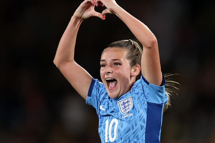 Ella Toone of England celebrates after scoring her team's first goal in the FIFA Women's World Cup semifinal against Australia in Sydney. England turned away a late challenge to win, 3-1.