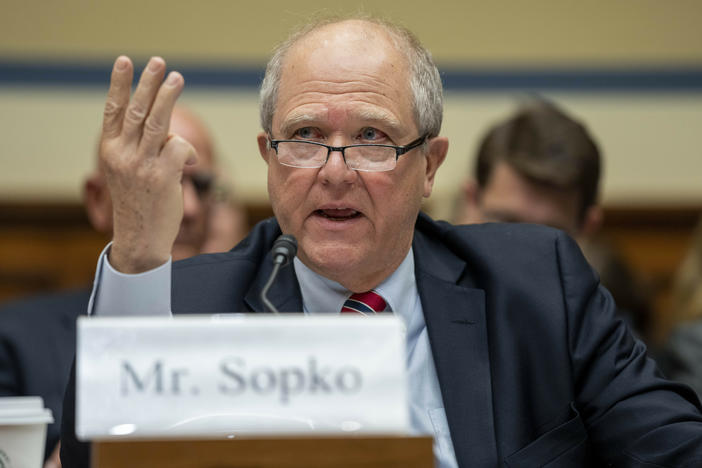 Special Inspector General for Afghanistan Reconstruction John Sopko speaks in April during a hearing of the House Oversight and Accountability Committee concerning the U.S. withdrawal from Afghanistan. Sopko says the U.S. also needs to keep an eye on the billions of dollars provided to Ukraine.