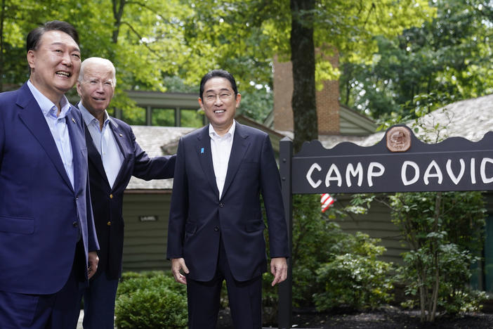 South Korea's President Yoon Suk Yeol, left, President Joe Biden and Japan's Prime Minister Fumio Kishida, right, meet on Fri, Aug. 18, 2023, at Camp David.