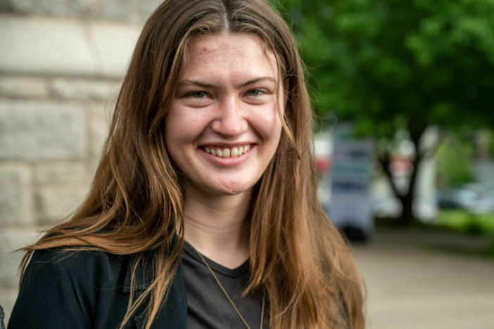 Rikki Held, 22, arrives for the United States' first youth climate-change trial at Montana's 1st Judicial District Court in Helena, Mont., on June 12. She was one of 16 young plaintiffs, ages 5 to 22, who sued the state for promoting fossil fuel energy policies that they say violate their constitutional right to a "clean and healthful environment."