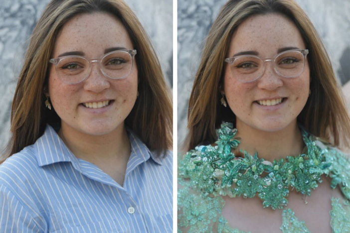 Sophia Jones' original photo on the left, and the AI-generated version on the right.