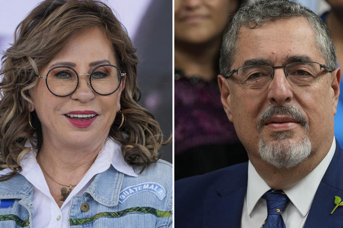 This photo combo of file images shows from left, Sandra Torres, National Unity of Hope, UNE, presidential candidate, in Guatemala City, Aug. 18, 2023, and Bernardo Arévalo, Seed Movement presidential candidate, in Guatemala City, July 13, 2023.