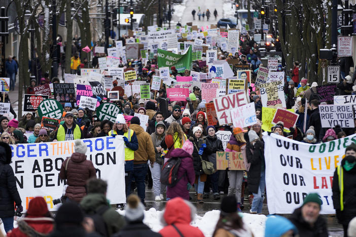 Protesters make their way to the Wisconsin Capitol Rotunda during a march to support overturning Wisconsin's near total ban on abortion on Jan. 22 in Madison, Wis.