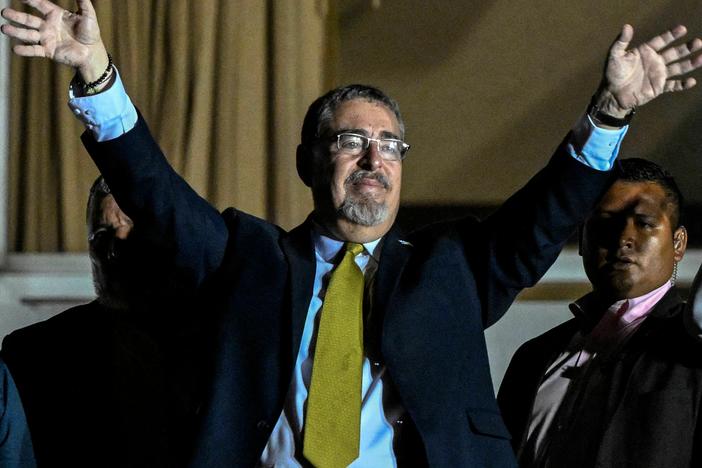 Guatemalan presidential candidate for the Semilla party, Bernardo Arevalo, celebrates the results of the presidential run-off election in Guatemala City, on August 20, 2023.