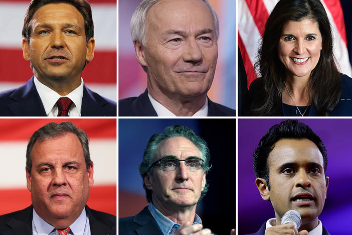 <strong>Clockwise:</strong> Tim Scott, Ron DeSantis, Asa Hutchinson, Nikki Haley, Vivek Ramaswamy, Doug Burgum, Chris Christie, Mike Pence