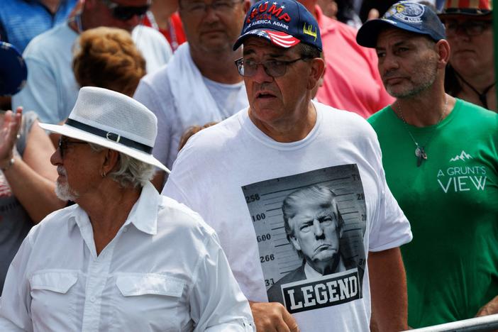 A shirt displaying a fake mug shot of the former president and 2024 presidential candidate Donald Trump is seen during a campaign rally in Pickens, S.C., in July.