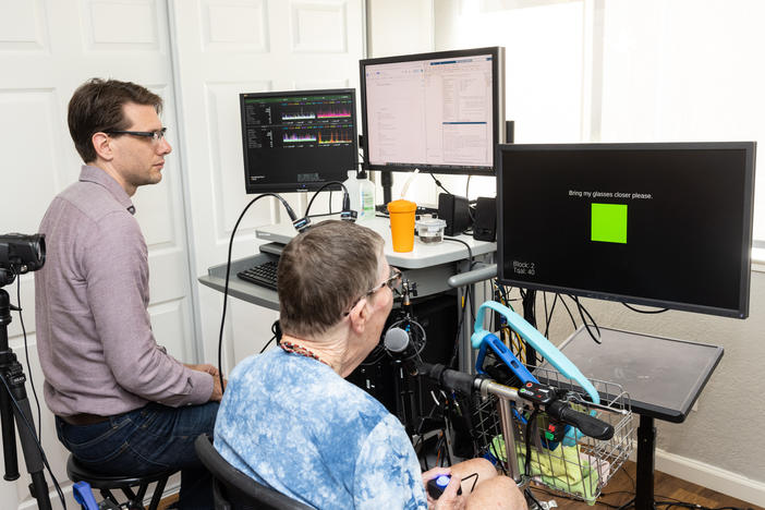 Pat Bennett takes part in a research session, using a brain-computer interface that helps translate her thoughts into speech.