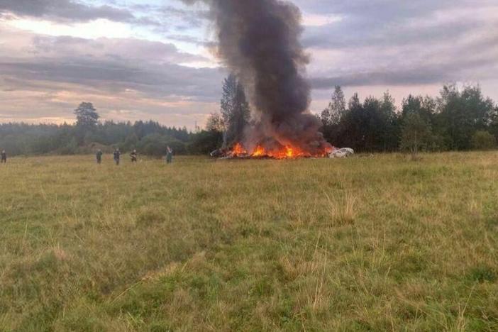 A view of the site after a jet crashed in Russia's northwestern Tver region on Aug. 23. Russian authorities say Wagner chief Yevgeny Prigozhin was among those on the flight manifest. Russian President Vladimir Putin expressed condolences to families of those killed in the crash. He noted Wagner members were reportedly on board and spoke warmly of his relationship with Prigozhin in the past tense.