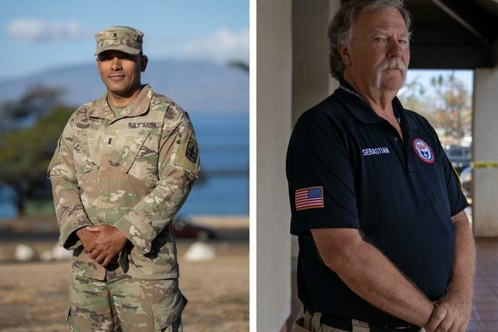 Lieutenant Ryan Edgar (left) is with the 93rd CBRN Enterprise Response Force, Commander Frank Sebastian is with the U.S. Department of Health and Human Services and Sgt. Manuel Soco is with a U.S. Army search and extraction team. Authorities are pleading with the public to be patient as forensics teams work to identify the remains after the deadly wildfire in Lahaina, Hawaii.