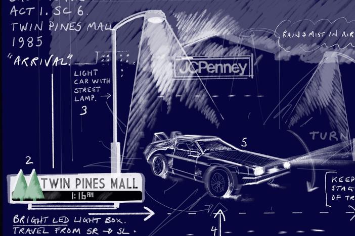 Tim Hatley's sketch shows the musical's DeLorean on stage.