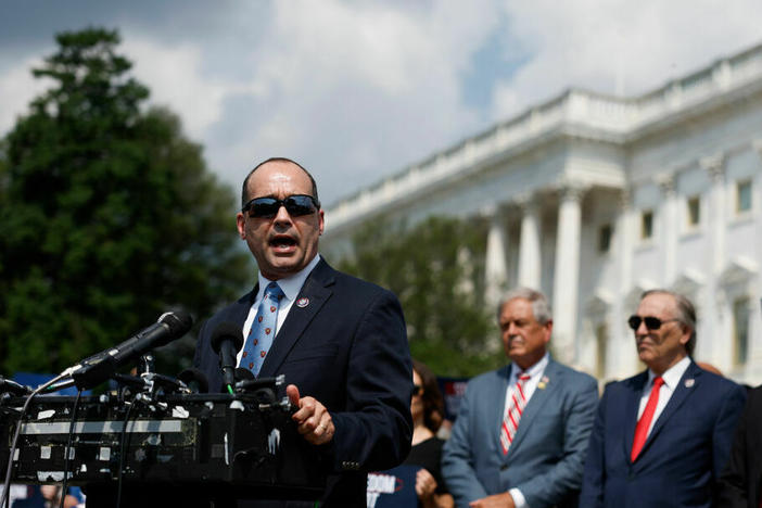 Rep. Bob Good, R-Va., speaks at a news conference with members of the House Freedom Caucus outside the U.S. Capitol on July 25.