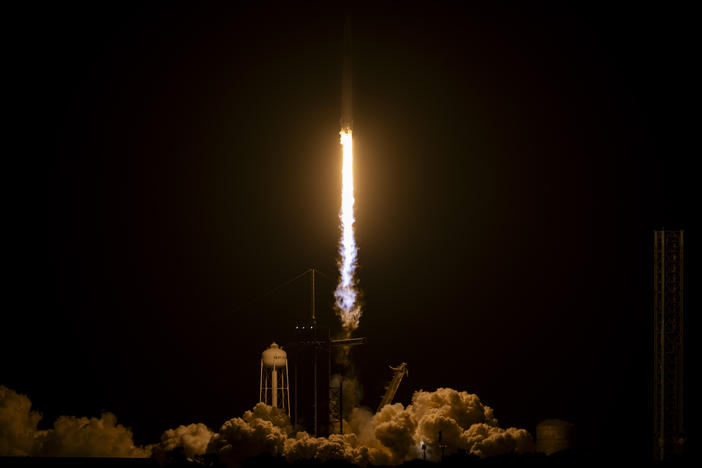 A SpaceX Falcon 9 rocket with the Crew Dragon spacecraft carrying NASA's SpaceX Crew-7 mission lifts off from Launch Complex 39A at the Kennedy Space Center on August 26, 2023 in Cape Canaveral, Fla.