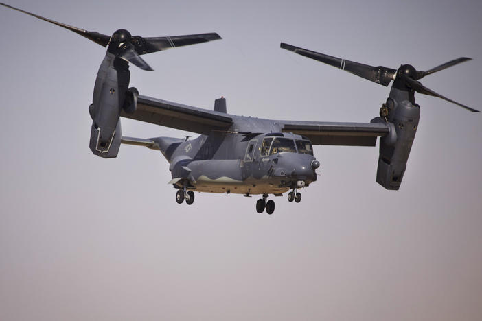 A Bell Boeing V-22 Osprey aircraft takes off after a rehearsal by special operations forces from Iraq, Jordan, and Lebanon as part of Eager Lion, a multinational military exercise in Zarqa, Jordan, on June 17, 2013.