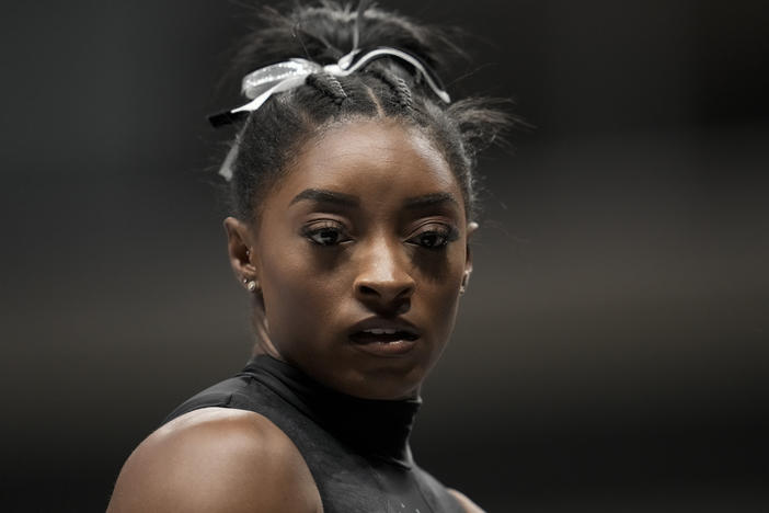 Simone Biles warms up before the U.S. Gymnastics Championships Sunday, Aug. 27, 2023, in San Jose, Calif.
