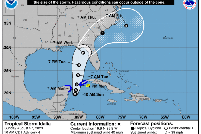 A graphic from the National Hurricane Center shows a projected path of Tropical Storm Idalia.