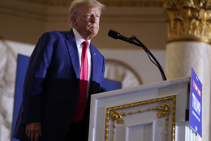 Former President Donald Trump speaks at his Mar-a-Lago estate on April 4, in Palm Beach, Fla.