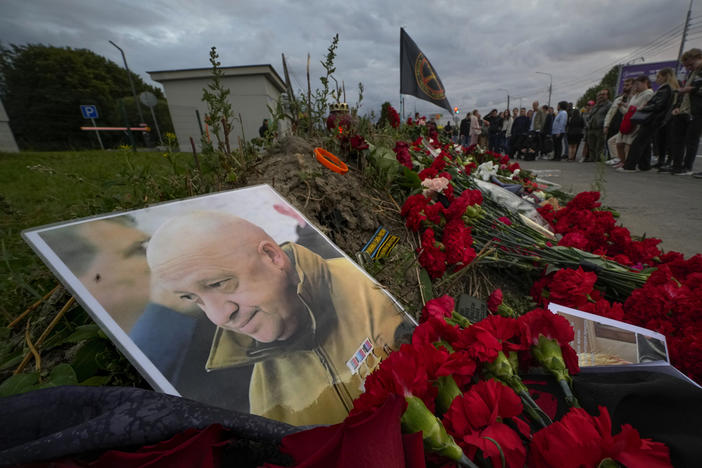 A portrait of the late owner of private military company Wagner Group Yevgeny Prigozhin sits at an informal memorial next to the former the group's headquarters in St. Petersburg, Russia, Aug. 24.