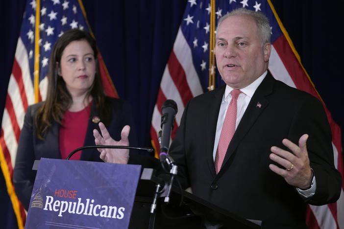 House Majority Leader Steve Scalise of Louisiana speaks at a House Republican Conference news conference in Washington on May 23.