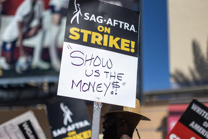 A picket line outside of FOX Studios in Los Angeles. Hollywood actors have been on strike since mid-July; writers have been on strike since May.