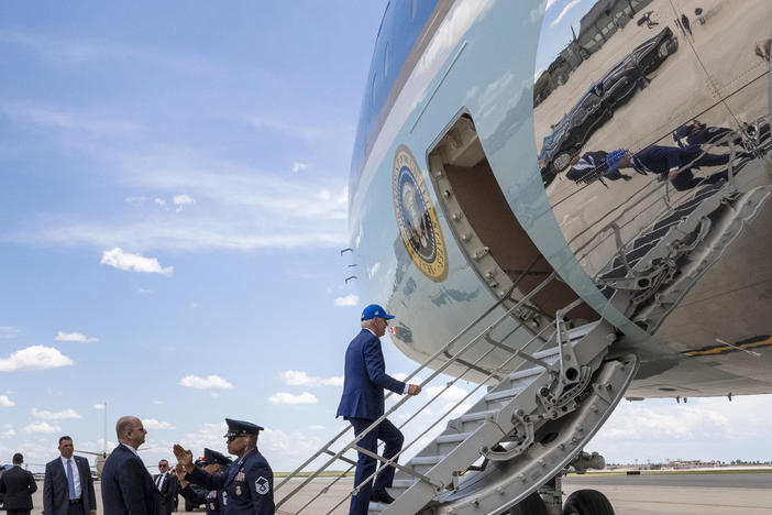 President Biden boards Air Force One at Peterson Air Force Base in Colorado Springs, Colo. on June 1, 2023, after attending the 2023 United States Air Force Academy Graduation Ceremony.